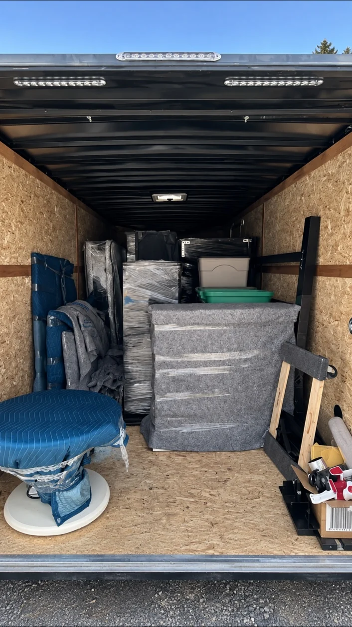 Protected furniture loaded into a moving trailer